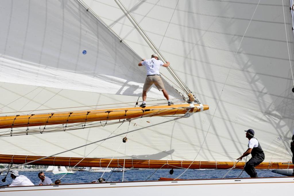 3 - Elena incident at the race Committee boat end of the line at the start of the Classic Yachts Challenge, Regates Royales, on the Bay of Cannes September 22, 2015 - Photo by Linda Wright © SW